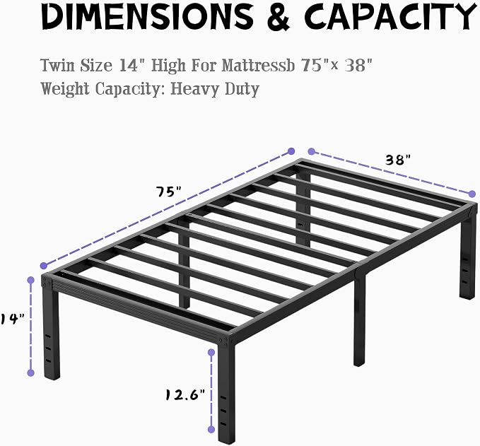 Furnitui 14 Inch High Metal Platform Twin Size Bed Frame, Bed Frame Twin No Box Spring Needed, Easy Assembly, Noise Free, Sturdy, Black