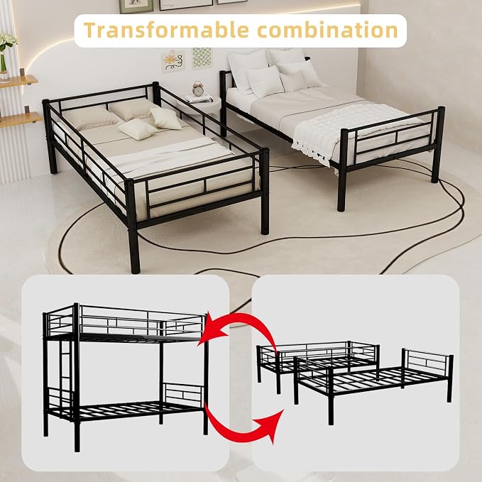 Metal Twin Over Twin Bunk Bed, Heavy-Duty Metal Bunk Bed, Noise Reduced Design/Safety Guardrail/2 Side Ladders/No Box Spring Needed (Black)