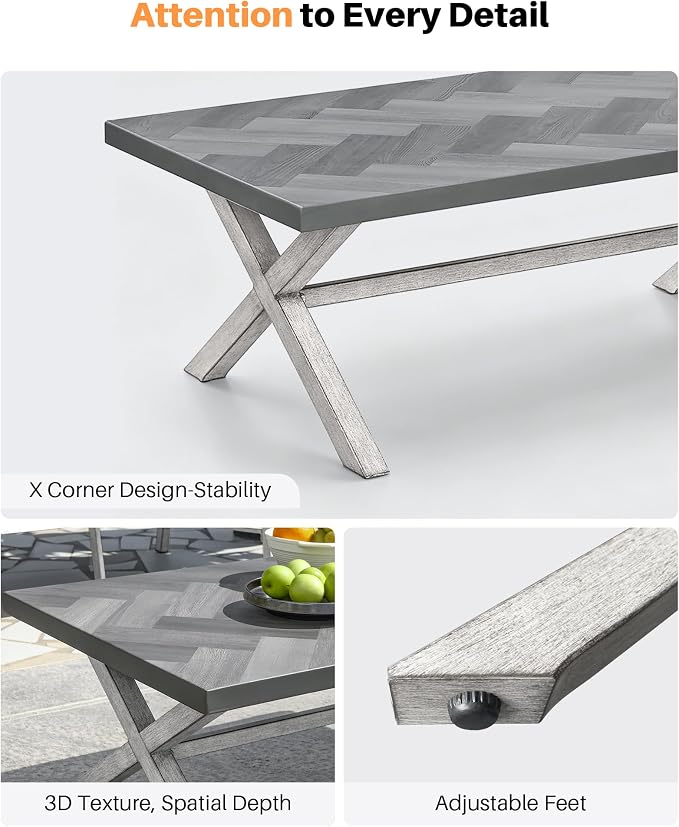 Aluminum Outdoor Coffee Table, Never Rusts Rectangle Patio Coffee Table with Resin Tabletop, Aluminum Outdoor Furniture Coffee Table for Patio, Poolside, Garden, Balcony, White Oak