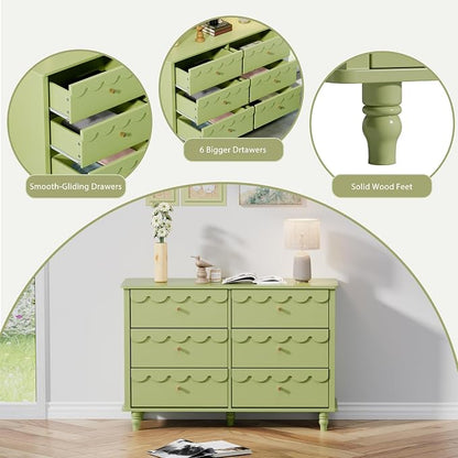 Anbuy Bedroom Sets 3 PCS Scalloped 6 Drawer Dresser and Night Stand Sets for Bedroom, Two Drawers Nightstand Set of 2 & 6 Drawer Dresser Combo 3 Pieces (Green)