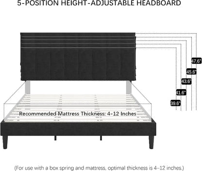 VECELO King Size Bed Frame with Upholstered Headboard, Heavy-Duty Bedframe with Strong Wooden Slats Support, No Boxing Spring Needed, Velvet & Black