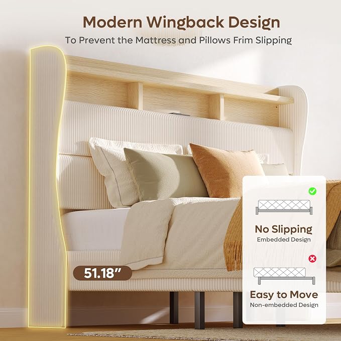 Bestier King Size Upholstered Wingback Bed Frame with 51” High Headboard Corduroy Fabric RGB LED Lights, Charging Station Dual Storage Shelves Modern Off White Platform Bed No Box Spring Needed