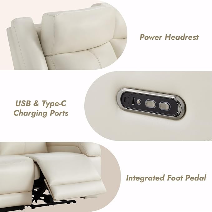 Watson & Whitely Genuine Leather Power Recliner Sofa, 3 Seater Wall Hugger Reclining Sofas with Storage Console, Power Headrest, USB, Electric Recliner Couch Set for Living Room, Cream