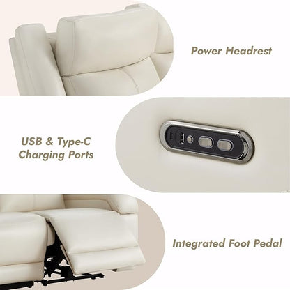 Watson & Whitely Genuine Leather Power Recliner Sofa, 3 Seater Wall Hugger Reclining Sofas with Storage Console, Power Headrest, USB, Electric Recliner Couch Set for Living Room, Cream