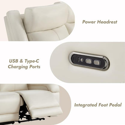 Watson & Whitely Genuine Leather Power Loveseat Recliner Sofa, 2 Seat Wall Hugger Reclining Sofa with Power Headrest & Charging Ports, Dual Recliner Sofas for Living Room, RV, Cream