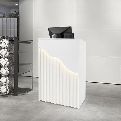 CNCEST Modern Reception Desk for Small Spaces with Locking Storage,L-Shaped Office Front Desk & Checkout Counter, with LED Light,for Hotel/Shop/Beauty Salon (White)
