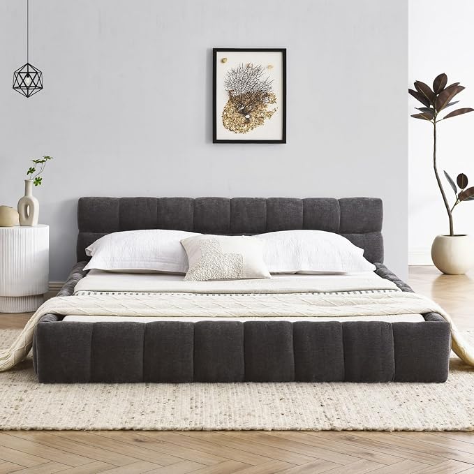 KEIKI Queen Thick Chenille Platform Bed Frame with Upholstered Tufted Headboard, Modern Solid Wood Floor Platform for Bedroom, No Box Spring Needed