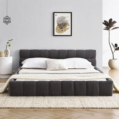 KEIKI Queen Thick Chenille Platform Bed Frame with Upholstered Tufted Headboard, Modern Solid Wood Floor Platform for Bedroom, No Box Spring Needed