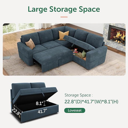 HONBAY Modular Sectional Sleeper Couch with Pull Out Bed, Corduroy L Shaped Sofa with Storage, Convertible Sectional Couches for Living Room, Blue