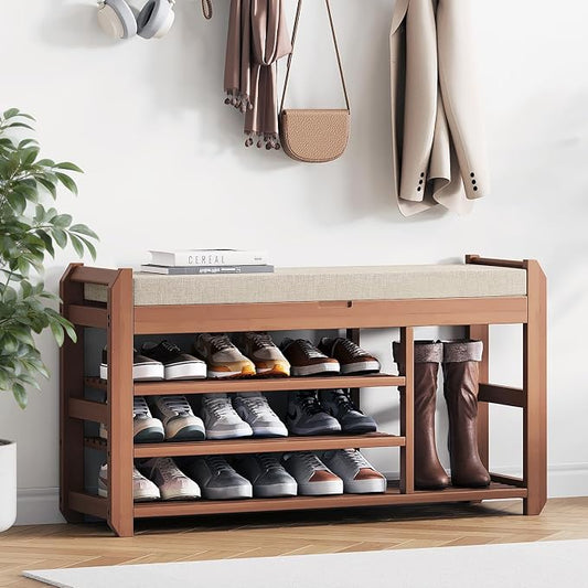 39.4" Bamboo Shoe Bench with Cushion, 3-Tier Adjustable Storage Bench for Entryway, Heavy Duty Shoe Rack Organizer with Removable Soft Cushion for Living Room Bedroom Hallway
