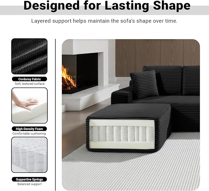 ivoros 150 Inch Modular Sectional Sofa Couch, Oversized Modern Cloud Couch for Living Room, U Shape Couches with 2 Ottomans, USB Ports and Cup Holders, Black Corduroy Boneless Sofas, Sofa in a Box