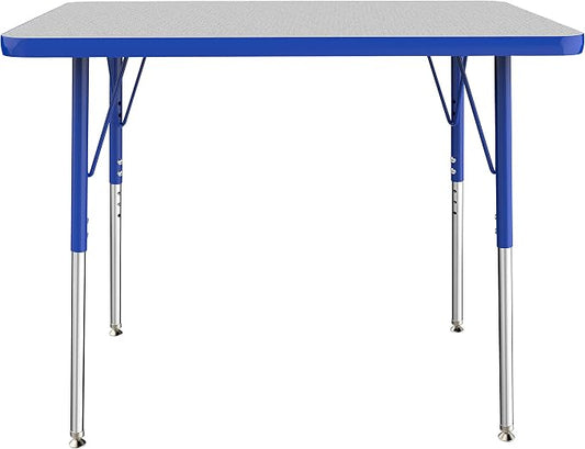 FDP Rectangle Activity School and Office Table (24 x 36 inch), Standard Legs with Swivel Glides, Adjustable Height 19-30 inches Quick Ship Single Box - Gray Top and Blue Edge