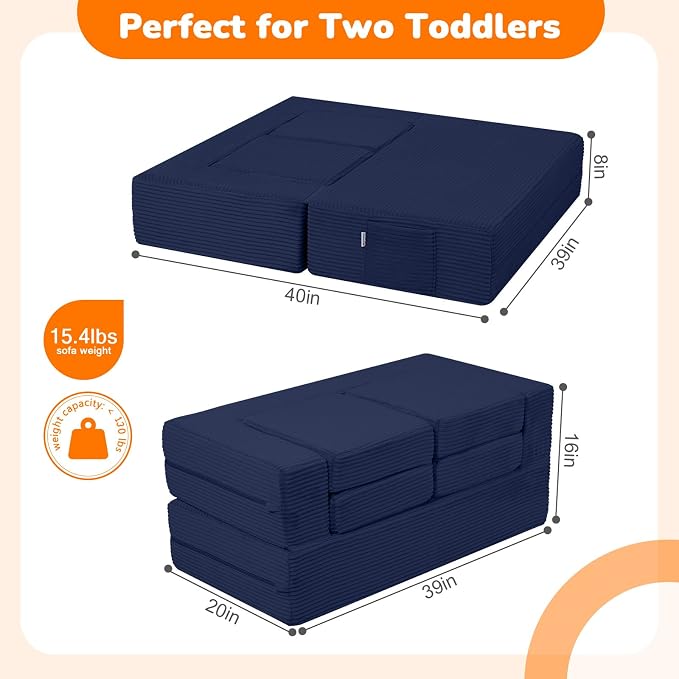 MeMoreCool Modular Kids Couch, Corduroy Play Toddler Couch for Bedroom Playroom Furniture, Convertible Foam Kids Sofa Bed, Fold Out Baby Sofa for Girl Boy, Navy