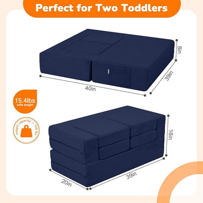 MeMoreCool Modular Kids Couch, Corduroy Play Toddler Couch for Bedroom Playroom Furniture, Convertible Foam Kids Sofa Bed, Fold Out Baby Sofa for Girl Boy, Navy