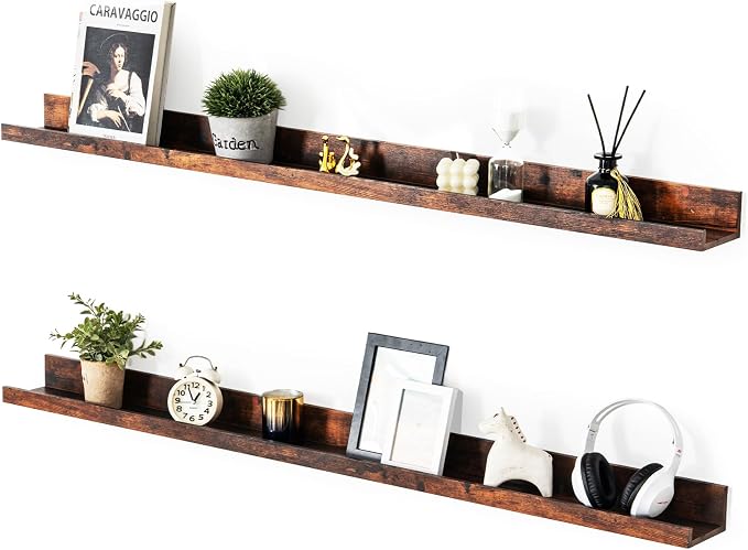 Muzilife 55" Large Floating Wall Ledge Shelves with Lip - Set of 2 Rustic Wood Floating Shelves - Walnut Brown Wall Mounted Picture Ledge for Office, Bathroom, Bedroom, Living Room, Kitchen