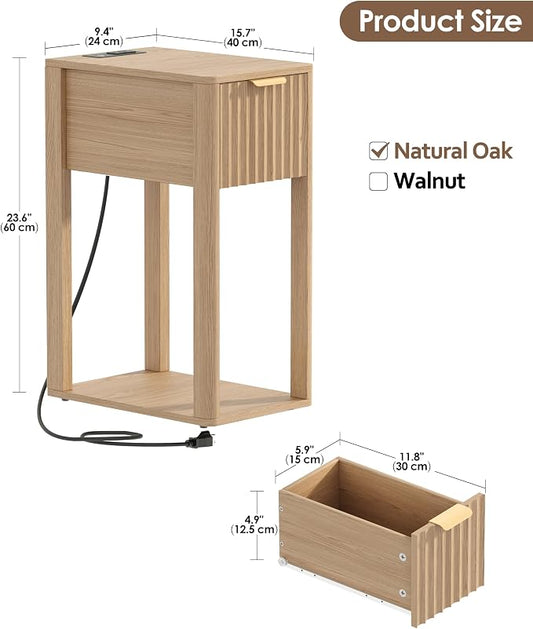 Akxomel Narrow Fluted Nightstands Set of 2, Wooden Slim Bedside Table with Charging Station, Mid-Century Modern Night Stand with Drawer and Open Shelf, Small Side End Table, for Bedroom, Natural Oak