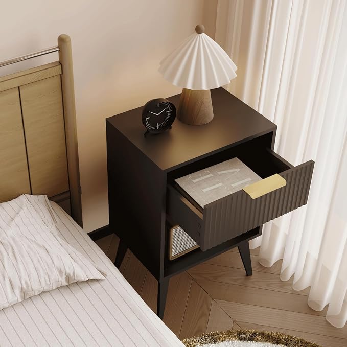 YAUKOMEL Fluted Night Stand with Opening Storage,Mid Century Bedside Table with Drawer,Black Nightstand with Wood Legs,End Table Side Table for Living Room,Bedroom,11.8" Dx15.7 Wx 25.2" H CTG56BK