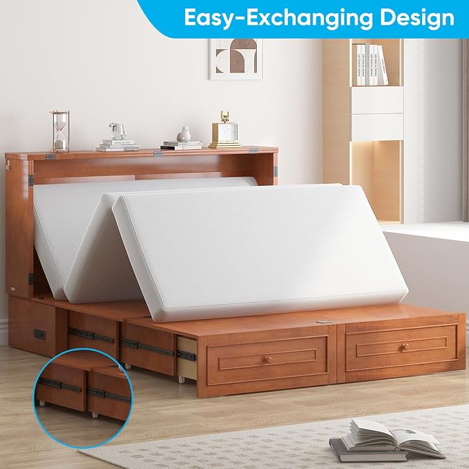 Mjkone 63.5" W Murphy Bed Cabinet Queen Size, Modern Cabinet Bed with USB Charging Station & Drawers, Murphy Beds for Living Room Apartment, Easily Convertible, Cherry