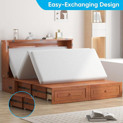 Mjkone 63.5" W Murphy Bed Cabinet Queen Size, Modern Cabinet Bed with USB Charging Station & Drawers, Murphy Beds for Living Room Apartment, Easily Convertible, Cherry
