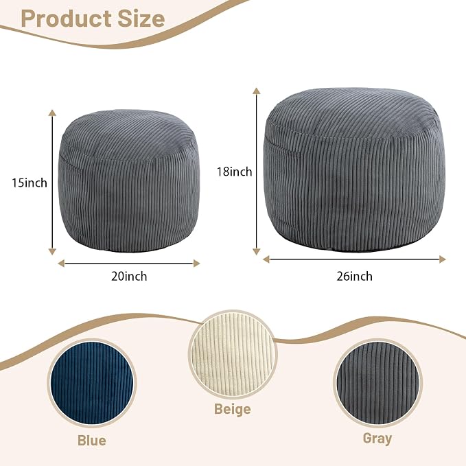Round Stuffed Pouf Ottoman,Corduroy Foot Rest with Rebound Foam Filled, Furry and Fluffy Foot Stool Ottoman, Floor Poufs for Living Room (Gray, 26" D x 26" W x 18" H)