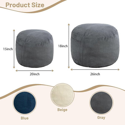 Round Stuffed Pouf Ottoman,Corduroy Foot Rest with Rebound Foam Filled, Furry and Fluffy Foot Stool Ottoman, Floor Poufs for Living Room (Gray, 26" D x 26" W x 18" H)