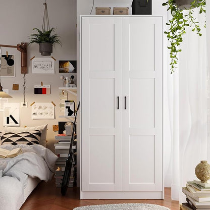 Fddevelop Fenghua Lizhi Wood White Wardrobe Closet with 2 Doors，Bedroom Freestanding Armoire Storage Cabinet with Shelves，Wooden Wardrobe Combination for Hanging Clothes