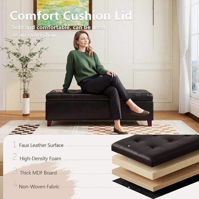 Joveco Storage Ottoman Bench, 51 Inch Leather Tufted Upholstered Bench for End Foot of Bed, Bedroom, Living Room, Black