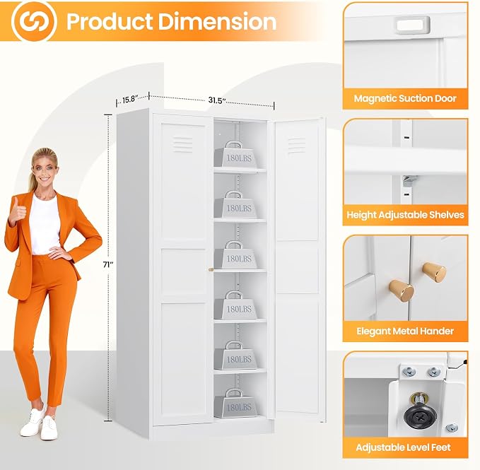 71" Tall Kitchen Pantry Storage Cabinet with 2 Doors and 5 Adjustable Shelve, Metal White Food Pantry Cabinet, Kitchen Cabinet Storage Unit,6 Tier Freestanding Cupboard for Kitchen Dining/Living Room