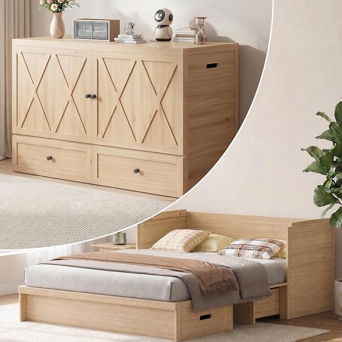 CECER Murphy Bed Queen with Mattress for Guest/Small Space-Natural Wood | Built-in Multi-Port Charging Station ＆ Large Storage Drawer，Space Saving ＆ Easy Assemble and Conversion