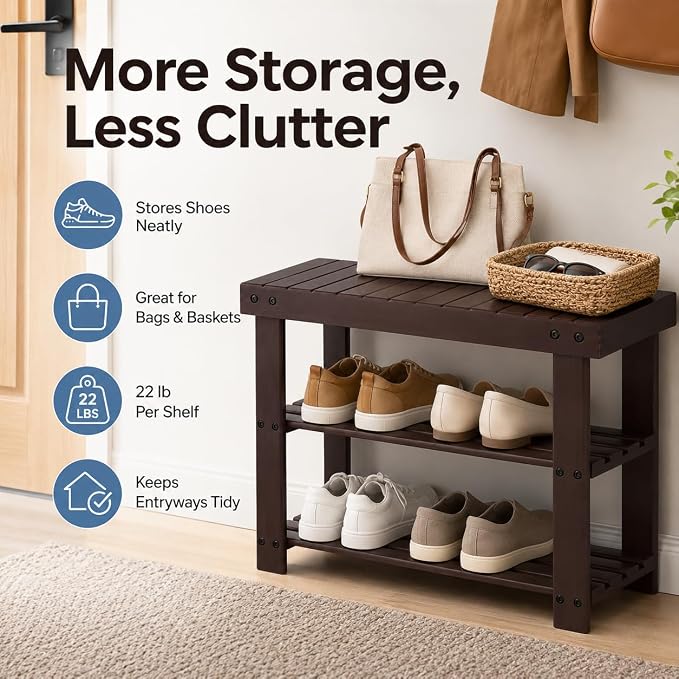 Shoe Rack Bench, 3-Tier Shoe Storage Organizer for Entryway , Shoe Shelf for Small Spaces, Multi-Functional Side Table Plant Stand, Shoe Stand for Bedroom, Living Room, Closet, Front Door, Brown