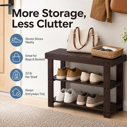 Shoe Rack Bench, 3-Tier Shoe Storage Organizer for Entryway , Shoe Shelf for Small Spaces, Multi-Functional Side Table Plant Stand, Shoe Stand for Bedroom, Living Room, Closet, Front Door, Brown