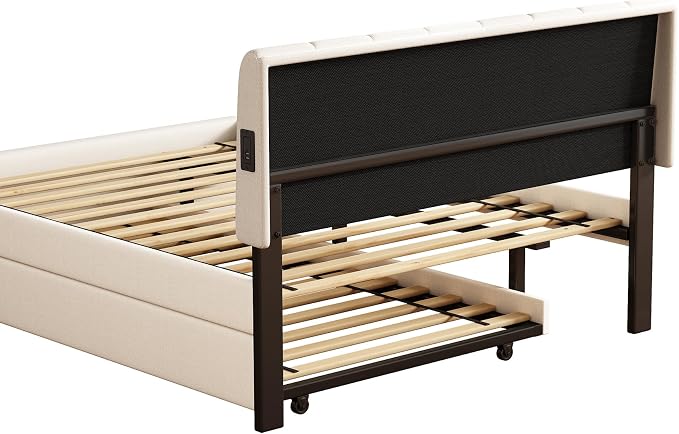 Full Size Upholstered Platform Bed with Pull-Out Trundle Bed | Twin Size Trundle, LED Lighting Controlled by APP, USB+Type-C Charging Ports, Chenille Upholstered Bed Frame,Beige