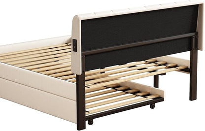Full Size Upholstered Platform Bed with Pull-Out Trundle Bed | Twin Size Trundle, LED Lighting Controlled by APP, USB+Type-C Charging Ports, Chenille Upholstered Bed Frame,Beige