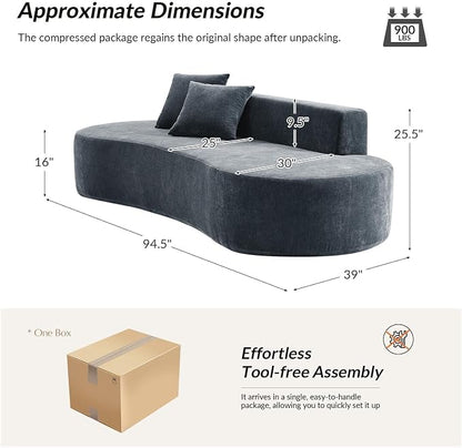94.5" Boneless Sofa with 2 Pillows, 3 Seater Compressed Foam Sofa with Half Moon Design & Deep Seat, No Assembly Required, Modern Cloud Couch for Living Room, Blue