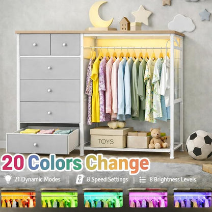 Simple Deluxe Storage Clothes Rack with 6 Drawers, Charging Station & LED Lights, Fabric Chest Shelves Clothing Rack, Wooden Portable Wardrobe Closet, 49.2" W x 15.7" D x 47.2" H, Silver