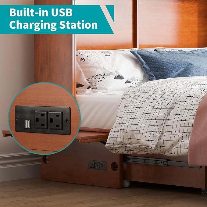 BALUS Queen Murphy Bed, Cabinet Bed with Built-in USB Ports & Storage Drawer, Space-Saving Modern Murphy Beds Cabinet Guest Beds for Office, No Mattress- Cherry
