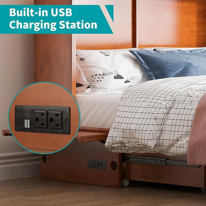 BALUS Queen Murphy Bed, Cabinet Bed with Built-in USB Ports & Storage Drawer, Space-Saving Modern Murphy Beds Cabinet Guest Beds for Office, No Mattress- Cherry