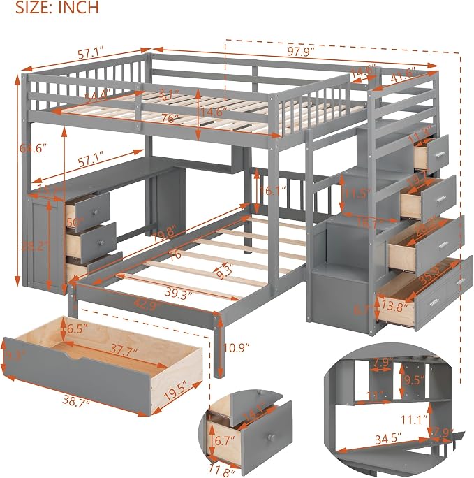 Merax Full Over Twin Bunk Bed with Desk,Drawers and Shelves,Full Size Loft Bed Frame with Stairs Storage and Drawers,Gray