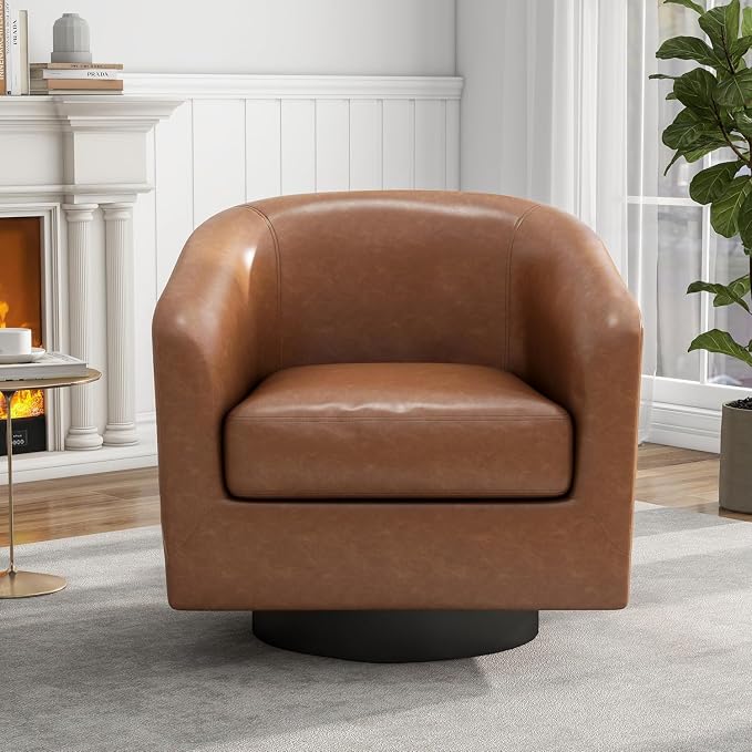 Faux Leather Swivel Barrel Accent Chair, Upholstered Armchair Club Chair for Living Room, Round Arm Chair Bedroom Single Sofa Reading Seat - Brown