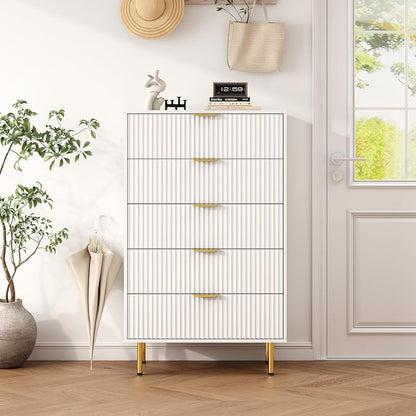 White Fluted 48" Tall Dresser for Bedroom with 5 Drawers and Gold Handle, 30 inch Wide Chest of Drawers Modern Dresser, Wooden Side Table Storage Dressers Organizer for Living Room
