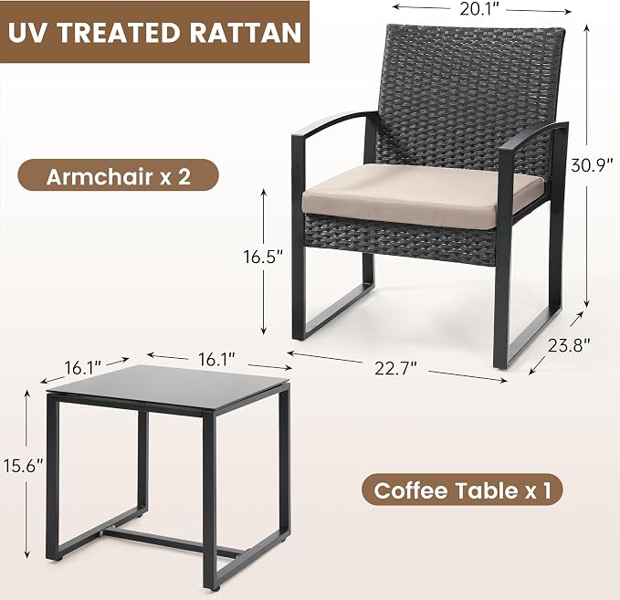 3 Piece Outdoor Wicker Bistro Set, Rattan Patio Conversation Set with Coffee Table & Washable Cushions for Porch Yard Balcony, Black/Beige