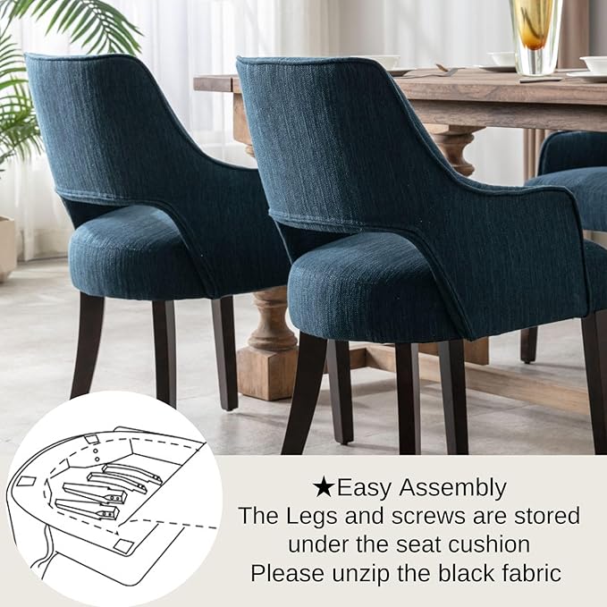 Linen Upholstered Dining Chairs Set of 4 with Arms | Blue linen fabric, breathable upholstery, curved backrest, cushioned seat, solid wood legs, farmhouse style for dining room