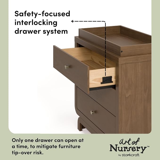 Storkcraft Santorini 3 Drawer Chest with Changing Topper (Hazelnut) – GREENGUARD Gold Certified, Award-Winning Premium Wood Dresser for Baby & Kids Bedroom with Interlocking Drawer System