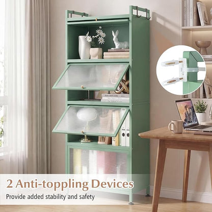 Giantex 5-Tier Kitchen Storage Cabinet, Freestanding Metal Pantry Cabinet w/ 4 Flip-up PC Doors, 4 Hooks & Adjustable Feet, 60” Tall Bakers Rack Microwave Stand for Dining Room, Living Room, Green