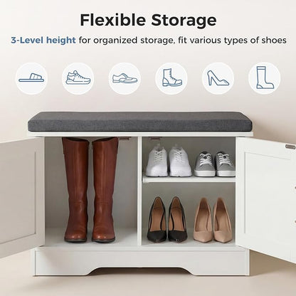 DUMOS Storage Bench, Shoe Organizer Cabinet with Thickened Padded Seat Cushion, Entryway Bench with 2 Doors & Adjustable Shelf for Hallway, Bedroom, Living Room, 28 inch, White