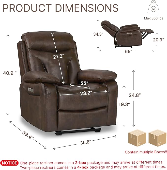 KISLOT Power Recliner Chair Set of 2, Wall Hugger Recliner with Adjustable Headrest and Footrest Dual Motor Electric Faux Leather Reclining Sofa with USB/Type-C Charging for RV Living Room Bedroom