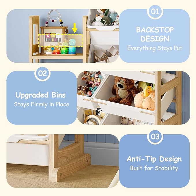 EXPERLAM Toy Storage Organizer, Toy Storage Shelf with 3 Shelves and 16 Storage Bins (12 Small + 4 Large), 3-in-1 Kids Bookshelf for Kids Rooms, Playroom, Nursery, White