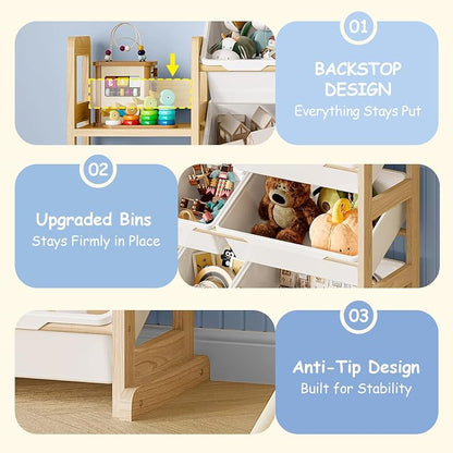 EXPERLAM Toy Storage Organizer, Toy Storage Shelf with 3 Shelves and 16 Storage Bins (12 Small + 4 Large), 3-in-1 Kids Bookshelf for Kids Rooms, Playroom, Nursery, White