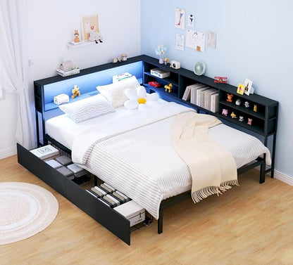 KEIKI Full Size Corner Bed Frames with Storage Drawers, Charging Station, Led Light & Bookcase Headboard, Wooden & Metal L-Shaped Captain Daybed for Small Room, Bedroom, Guest Room, kids'Room, Black
