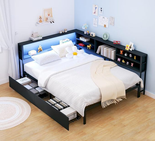 KEIKI Full Size Corner Bed Frames with Storage Drawers, Charging Station, Led Light & Bookcase Headboard, Wooden & Metal L-Shaped Captain Daybed for Small Room, Bedroom, Guest Room, kids'Room, Black